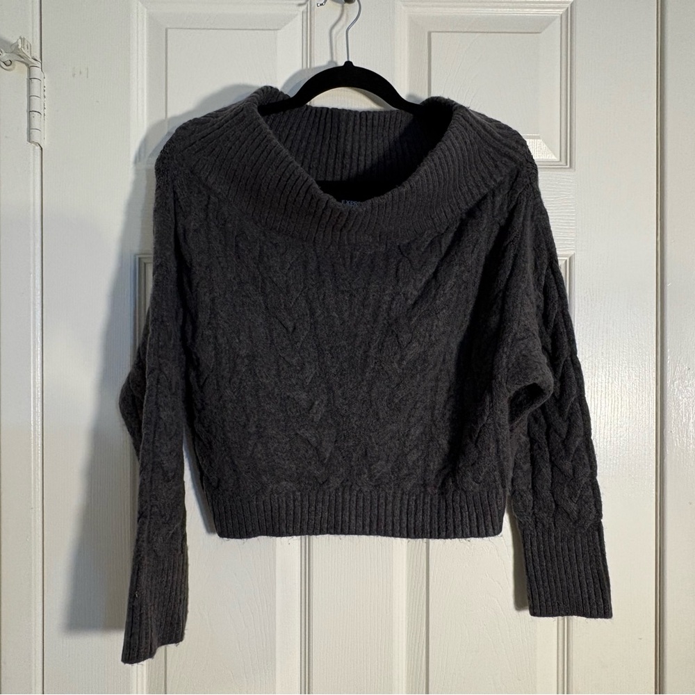 Express Gray Cable Knit Sweater | Cozy Off-Shoulder Pullover | Women’s S